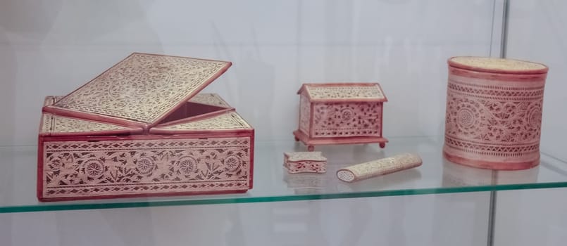 Ancient caskets made of wood and birch trees. Russian culture.