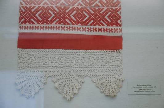 a Scarves and towels and scarves with folk Russian ornament.