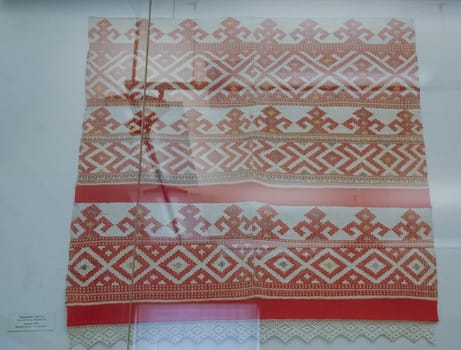 a Scarves and towels and scarves with folk Russian ornament.