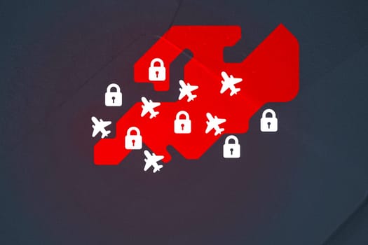 Illustration of the map of Europe, badges of closed airports.