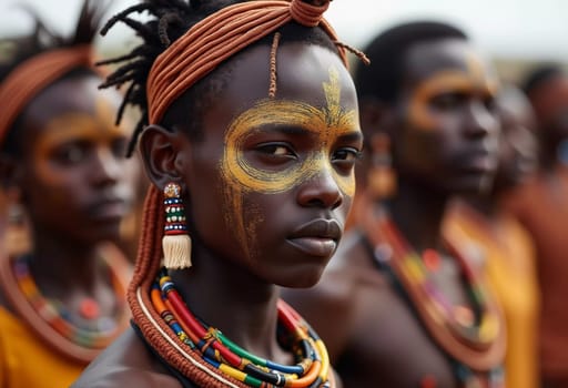 Participants at the Wodaabe Mbororo Guerewol festival showcase their striking body art and colorful attire, celebrating cultural heritage and traditions in Niger.