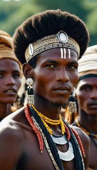 Wodaabe Mbororo men showcase their striking traditional attire and intricate jewelry at the Guerewol festival, celebrating cultural heritage in Niger.