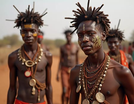 Participants of the Wodaabe Mbororo Guerewol festival showcase their colorful traditional attire and unique dance, celebrating cultural heritage in Niger under a clear sky.