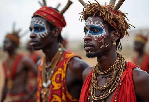 Two young men participate in the Wodaabe Mbororo Guerewol festival, adorned with elaborate body paint and traditional attire, celebrating their rich cultural heritage in Niger.