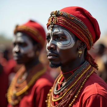 Colorfully dressed participants celebrate the Guerewol festival in Niger, featuring traditional dances, unique attire, and vibrant body paintings.