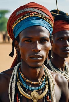 Wodaabe Mbororo men display their elaborate traditional attire while participating in the Guerewol festival in Niger. This vibrant celebration highlights cultural identity.