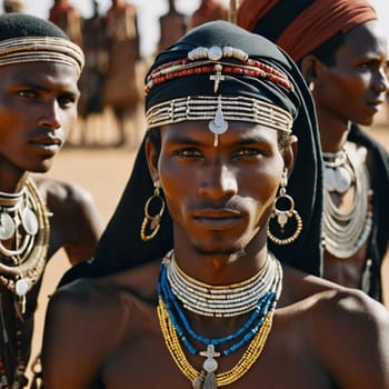 Celebrating the Guerewol festival, Wodaabe men wear colorful traditional attire adorned with jewelry, showcasing their rich cultural heritage in Niger during a festive gathering.