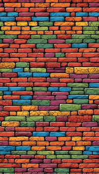 This vibrant brick wall showcases an array of colors including red, yellow, turquoise, and purple. The design reflects an artistic approach often found in urban environments. Generative AI.