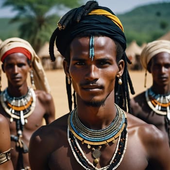 Men from the Wodaabe Mbororo tribe participate in the Guerewol festival, showcasing vibrant traditional attire and cultural pride amidst a desert landscape in Niger.