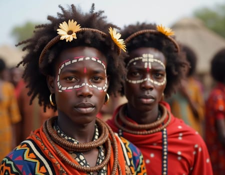Young Wodaabe Mbororo individuals display intricate body painting and traditional attire during the Guerewol festival, celebrating cultural heritage and community bonds.