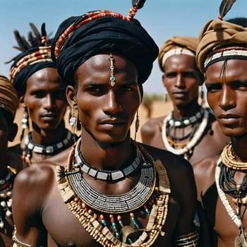 Men from the Wodaabe tribe participate in the Guerewol festival, adorned in colorful jewelry and traditional clothing, celebrating their rich culture in Niger.