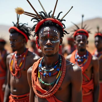 Participants of the Wodaabe Mbororo Guerewol festival gather in traditional attire, adorned with beads and body paint, celebrating their rich cultural heritage in a desert setting.