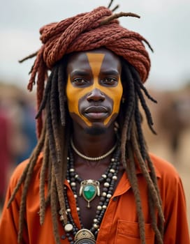 A participant of the Wodaabe Mbororo Guerewol festival stands proudly, wearing traditional attire and intricate body paint, embodying rich cultural heritage in Niger.