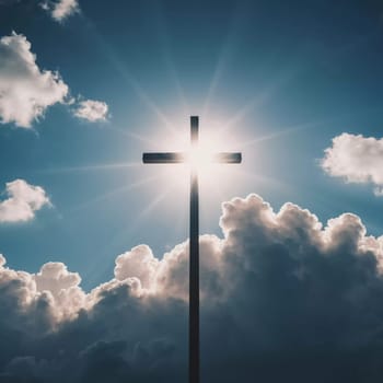A cross stands prominently as sunlight pierces through thick clouds, creating a radiant display in the sky during the early afternoon. Generative AI.