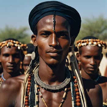 Mbororo men participate in the vibrant Wodaabe Guerewol festival in Niger, showcasing their elaborate traditional attire and cultural rituals of courtship.
