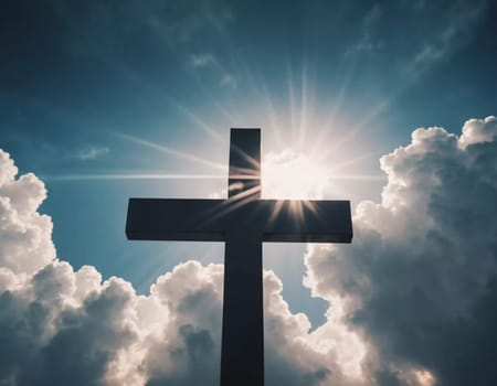 A cross stands prominently as sunlight pierces through thick clouds, creating a radiant display in the sky during the early afternoon. Generative AI.