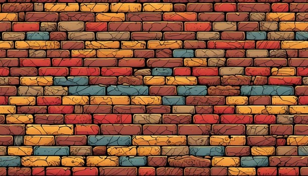 This vibrant brick wall showcases an array of colors including red, yellow, turquoise, and purple. The design reflects an artistic approach often found in urban environments. Generative AI.
