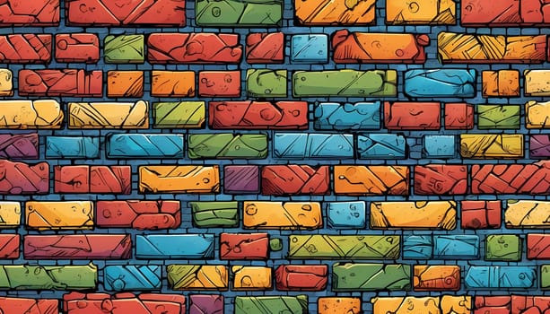 This vibrant brick wall showcases an array of colors including red, yellow, turquoise, and purple. The design reflects an artistic approach often found in urban environments. Generative AI.