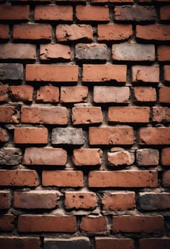 A rugged brick wall displays various shades of red and brown, highlighting its textured surface. The weathered bricks create a warm and inviting atmosphere in any room. Generative AI.