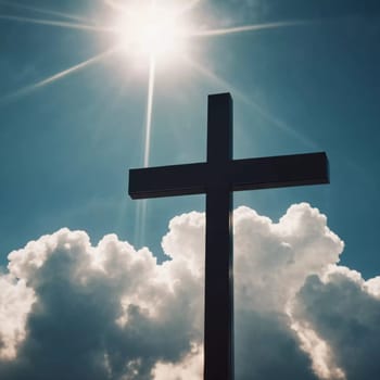 A cross stands prominently as sunlight pierces through thick clouds, creating a radiant display in the sky during the early afternoon. Generative AI.