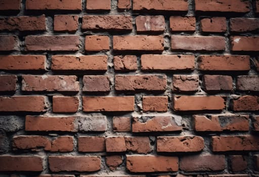 A rugged brick wall displays various shades of red and brown, highlighting its textured surface. The weathered bricks create a warm and inviting atmosphere in any room. Generative AI.