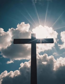 A cross stands prominently as sunlight pierces through thick clouds, creating a radiant display in the sky during the early afternoon. Generative AI.