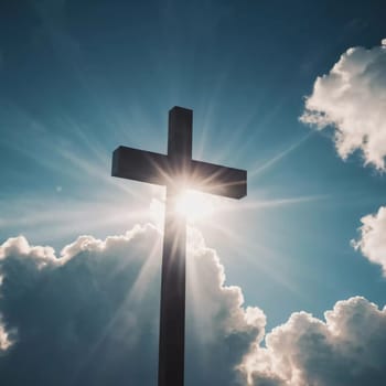 A cross stands prominently as sunlight pierces through thick clouds, creating a radiant display in the sky during the early afternoon. Generative AI.