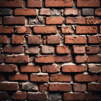 A rugged brick wall displays various shades of red and brown, highlighting its textured surface. The weathered bricks create a warm and inviting atmosphere in any room. Generative AI.