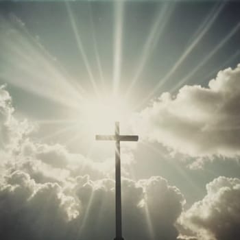 A cross stands prominently as sunlight pierces through thick clouds, creating a radiant display in the sky during the early afternoon. Generative AI.