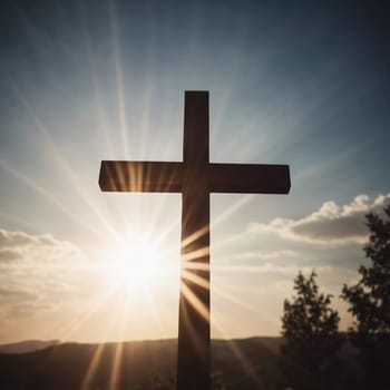 A cross stands prominently as sunlight pierces through thick clouds, creating a radiant display in the sky during the early afternoon. Generative AI.