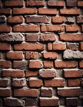 A rugged brick wall displays various shades of red and brown, highlighting its textured surface. The weathered bricks create a warm and inviting atmosphere in any room. Generative AI.
