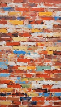 A textured brick wall displays an array of colors, featuring warm reds, oranges, and cool blues, adding vibrancy and depth to a contemporary space. Generative AI.