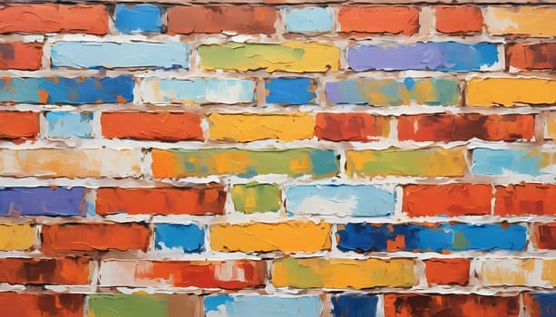 A textured brick wall displays an array of colors, featuring warm reds, oranges, and cool blues, adding vibrancy and depth to a contemporary space. Generative AI.