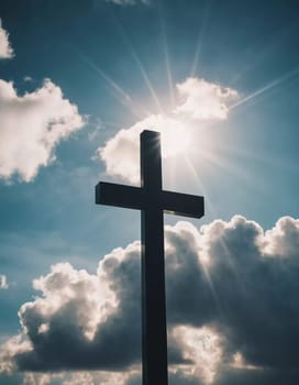 A cross stands prominently as sunlight pierces through thick clouds, creating a radiant display in the sky during the early afternoon. Generative AI.