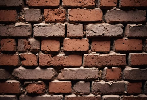 A rugged brick wall displays various shades of red and brown, highlighting its textured surface. The weathered bricks create a warm and inviting atmosphere in any room. Generative AI.