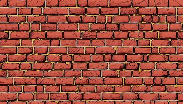 Textured red brick wall displays uneven surfaces, faded areas, and visible cracks, showcasing its age and charm in a quaint urban environment. Generative AI.