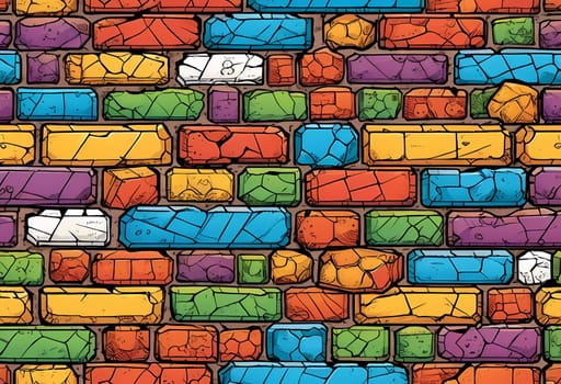 This vibrant brick wall showcases an array of colors including red, yellow, turquoise, and purple. The design reflects an artistic approach often found in urban environments. Generative AI.