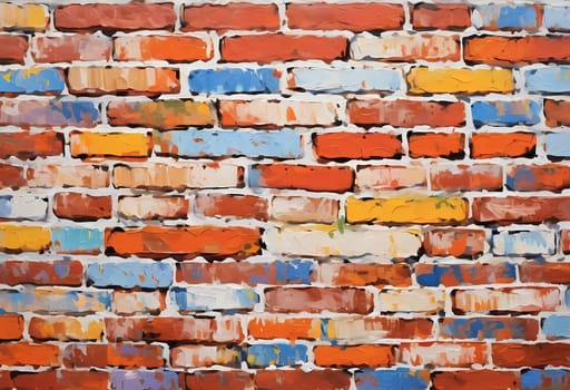 A textured brick wall displays an array of colors, featuring warm reds, oranges, and cool blues, adding vibrancy and depth to a contemporary space. Generative AI.