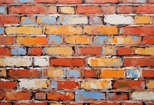 A textured brick wall displays an array of colors, featuring warm reds, oranges, and cool blues, adding vibrancy and depth to a contemporary space. Generative AI.