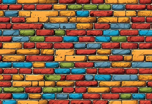 This vibrant brick wall showcases an array of colors including red, yellow, turquoise, and purple. The design reflects an artistic approach often found in urban environments. Generative AI.