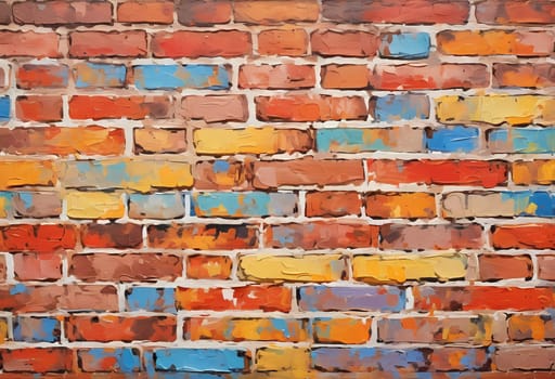 A textured brick wall displays an array of colors, featuring warm reds, oranges, and cool blues, adding vibrancy and depth to a contemporary space. Generative AI.
