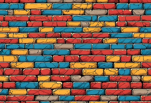 This vibrant brick wall showcases an array of colors including red, yellow, turquoise, and purple. The design reflects an artistic approach often found in urban environments. Generative AI.