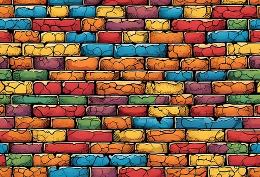 This vibrant brick wall showcases an array of colors including red, yellow, turquoise, and purple. The design reflects an artistic approach often found in urban environments. Generative AI.