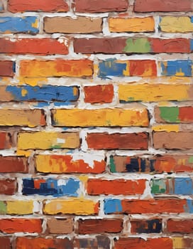 A textured brick wall displays an array of colors, featuring warm reds, oranges, and cool blues, adding vibrancy and depth to a contemporary space. Generative AI.