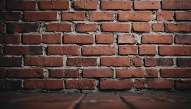 A rugged brick wall displays various shades of red and brown, highlighting its textured surface. The weathered bricks create a warm and inviting atmosphere in any room. Generative AI.