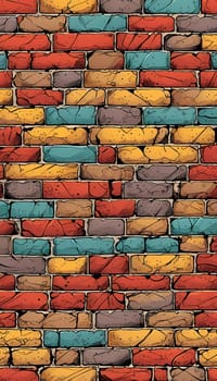 This vibrant brick wall showcases an array of colors including red, yellow, turquoise, and purple. The design reflects an artistic approach often found in urban environments. Generative AI.