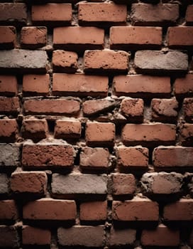 A rugged brick wall displays various shades of red and brown, highlighting its textured surface. The weathered bricks create a warm and inviting atmosphere in any room. Generative AI.