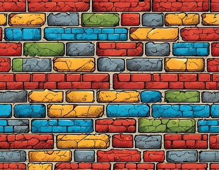 This vibrant brick wall showcases an array of colors including red, yellow, turquoise, and purple. The design reflects an artistic approach often found in urban environments. Generative AI.