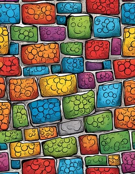 This vibrant brick wall showcases an array of colors including red, yellow, turquoise, and purple. The design reflects an artistic approach often found in urban environments. Generative AI.
