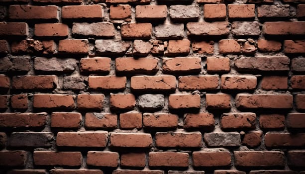 A rugged brick wall displays various shades of red and brown, highlighting its textured surface. The weathered bricks create a warm and inviting atmosphere in any room. Generative AI.